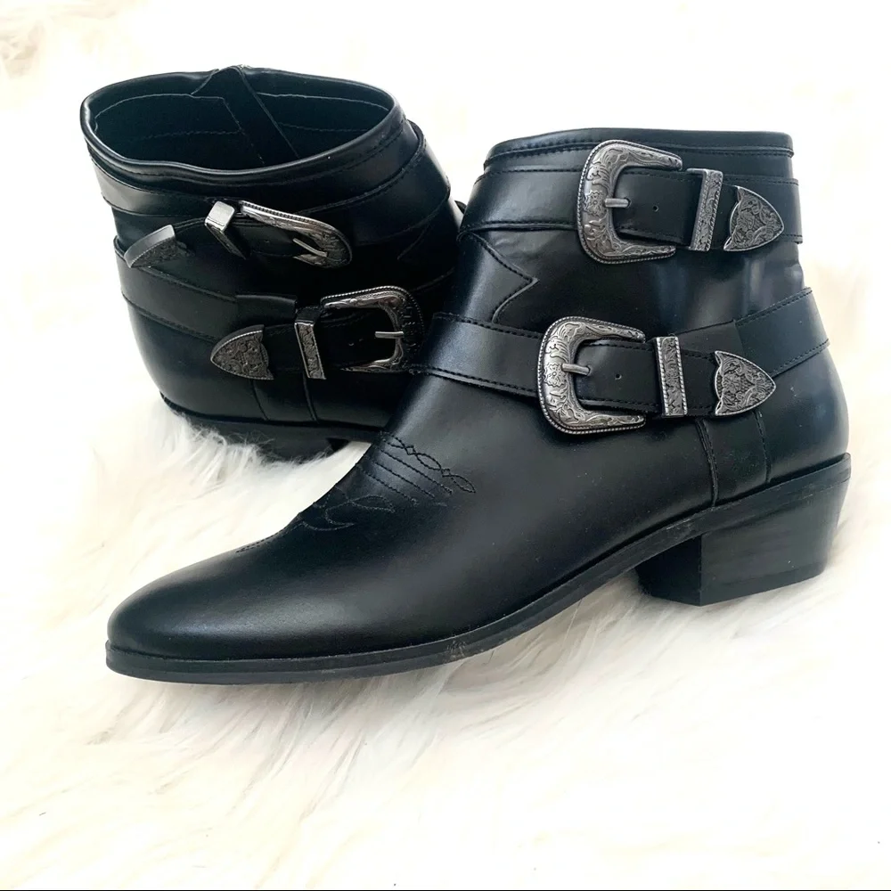 NEW ABOUND Western Ankle Boots with Buckle Black Vegan Leather Size 6.5